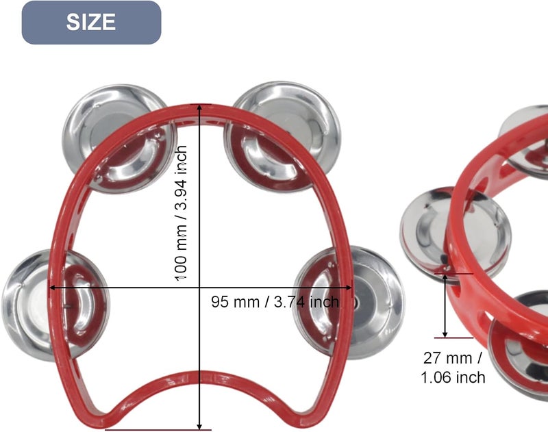 CashBeat 2-Pack Red Handheld Tambourines with 4 Jingle Bells Each, Mini Plastic Half-Moon Percussion Instruments for Adults, School Music Class, Band and Party - Image 3